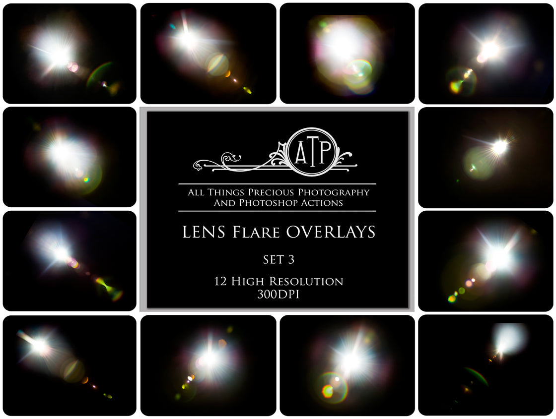 Lens flare, Sun flare overlays for photography, sunlight, light beams for summer sunshine photos. Photoshop, Digital scrapbooking. Transparent, high resolution files for photographers. Glowing overlays for fantasy digital art, Child portraiture. Digital download. Graphic effects. ATP Textures